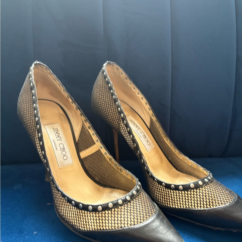Jimmy Choo Ponosh 100 Black Heels Leather/Fishnet Pump Silver Stud Stiletto